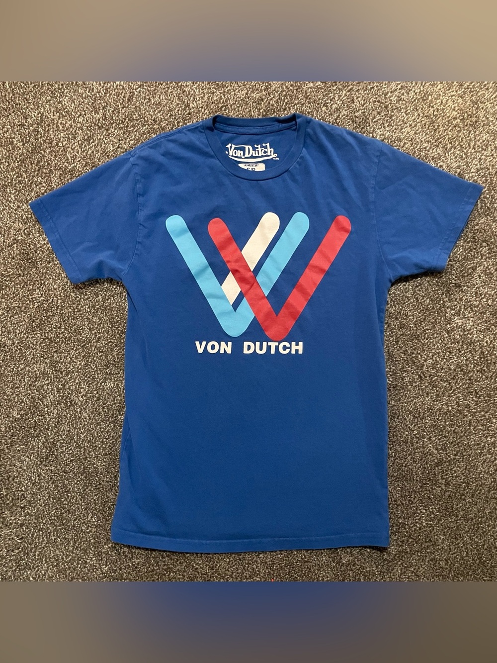 Von Dutch Blue Tee with Red, Light Blue & White Logo